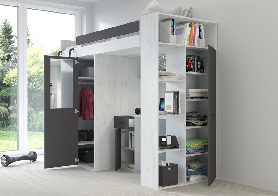 Hochbett – VERANA P – Multifunktionales Jugendbett mit Schreibtisch und Schrank