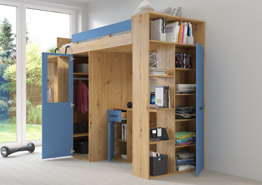 Hochbett – VERANA P – Multifunktionales Jugendbett mit Schreibtisch und Schrank