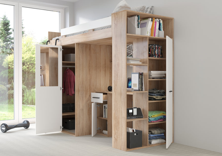 Hochbett – VERANA P – Multifunktionales Jugendbett mit Schreibtisch und Schrank
