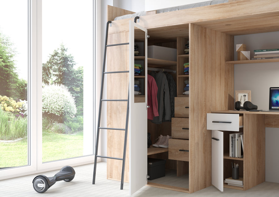 Hochbett – VERANA P – Multifunktionales Jugendbett mit Schreibtisch und Schrank