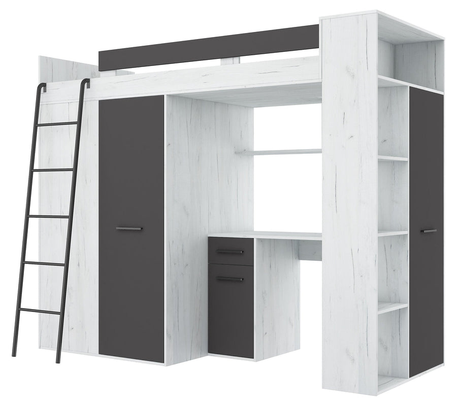 Hochbett – VERANA P – Multifunktionales Jugendbett mit Schreibtisch und Schrank