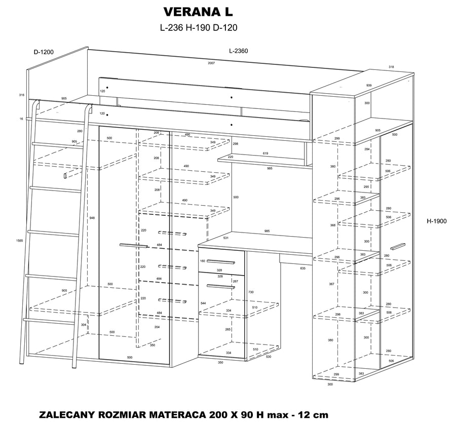 Hochbett – VERANA P – Multifunktionales Jugendbett mit Schreibtisch und Schrank