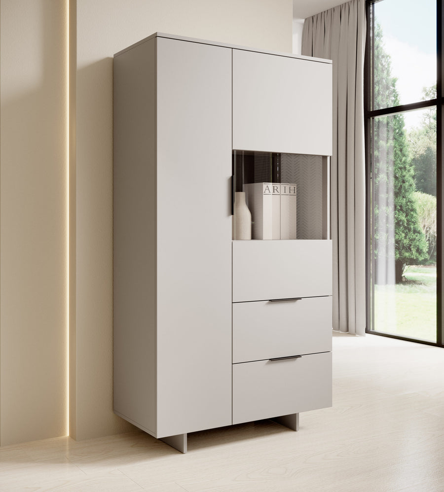 Vitrine – CALMA – 90 cm, moderne Standvitrine mit Schubladen und Glasfront