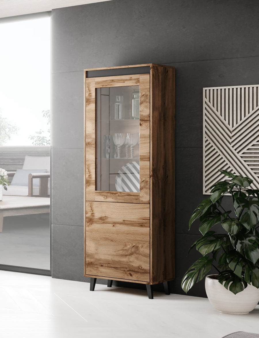 Vitrine – NORD I – 60 cm, moderne Standvitrine mit Holzoptik