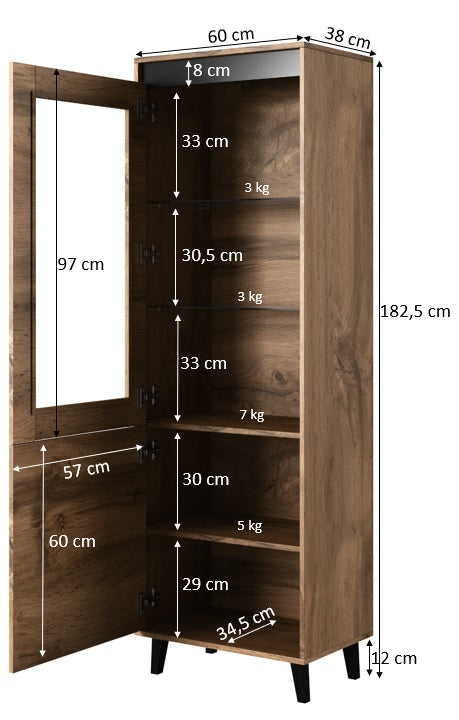 Vitrine – NORD I – 60 cm, moderne Standvitrine mit Holzoptik
