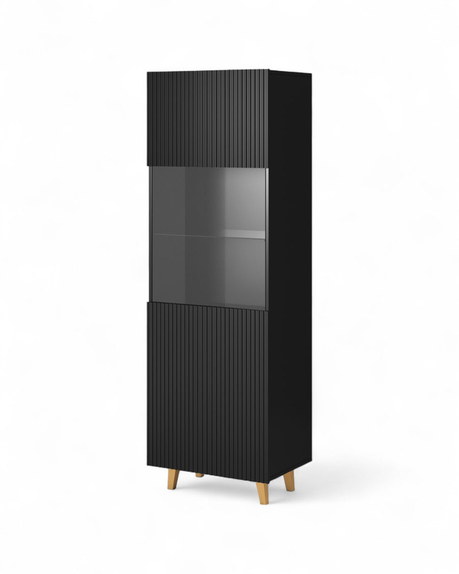 Vitrine – PAFOS I – 182 cm Schwarz, moderner Hochschrank mit dekorativen Fräsungen