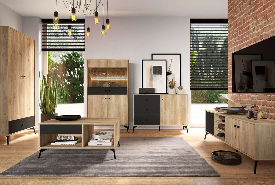 Vitrine – AGIS 03 – Moderne Standvitrine mit Holzoptik