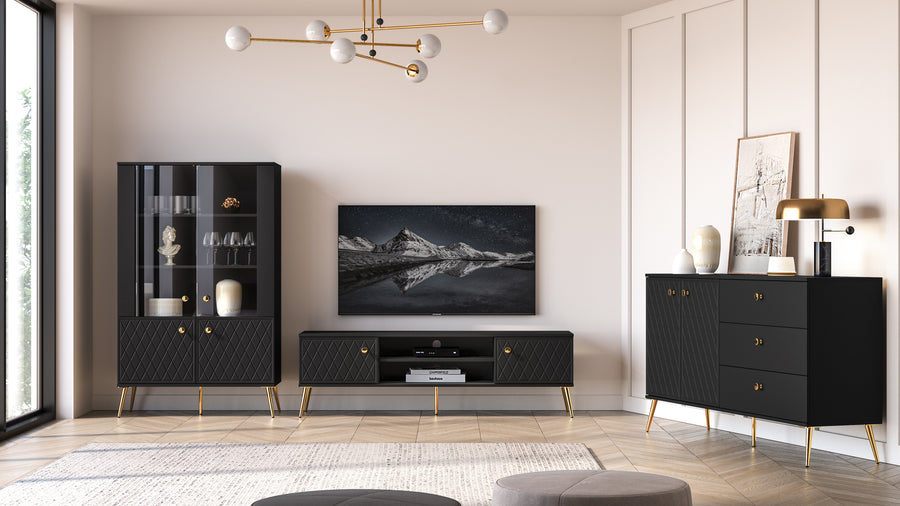 Wohnzimmer Set – ELJOT – Elegantes 3-teiliges Anbauwand-Set in Schwarz mit Gold-Akzenten