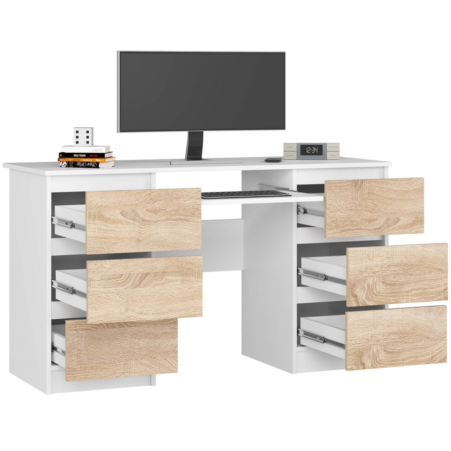 Schreibtisch – Großer Computertisch mit 6 Schubladen und Tastaturauszug