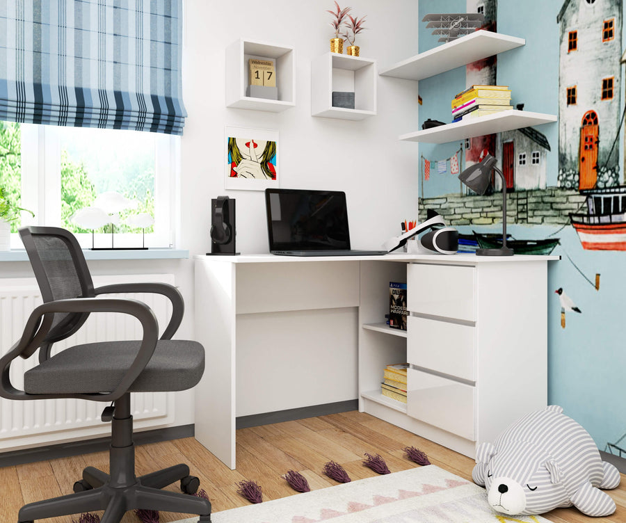 Eckschreibtisch – Funktionaler Bürotisch mit drei Schubladen