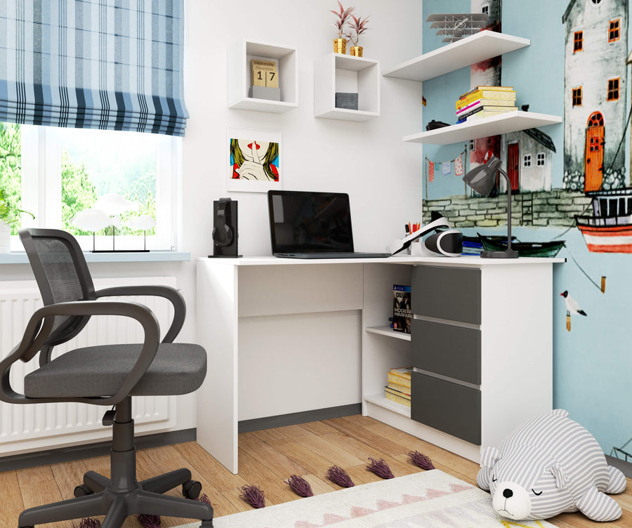 Eckschreibtisch – Funktionaler Bürotisch mit drei Schubladen