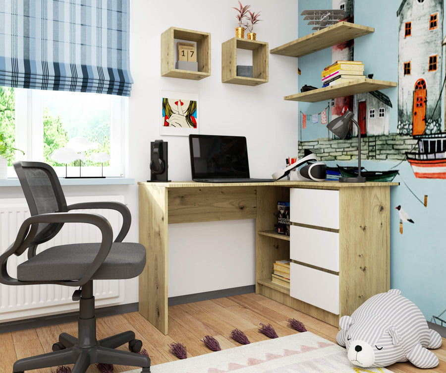 Eckschreibtisch – Funktionaler Bürotisch mit drei Schubladen