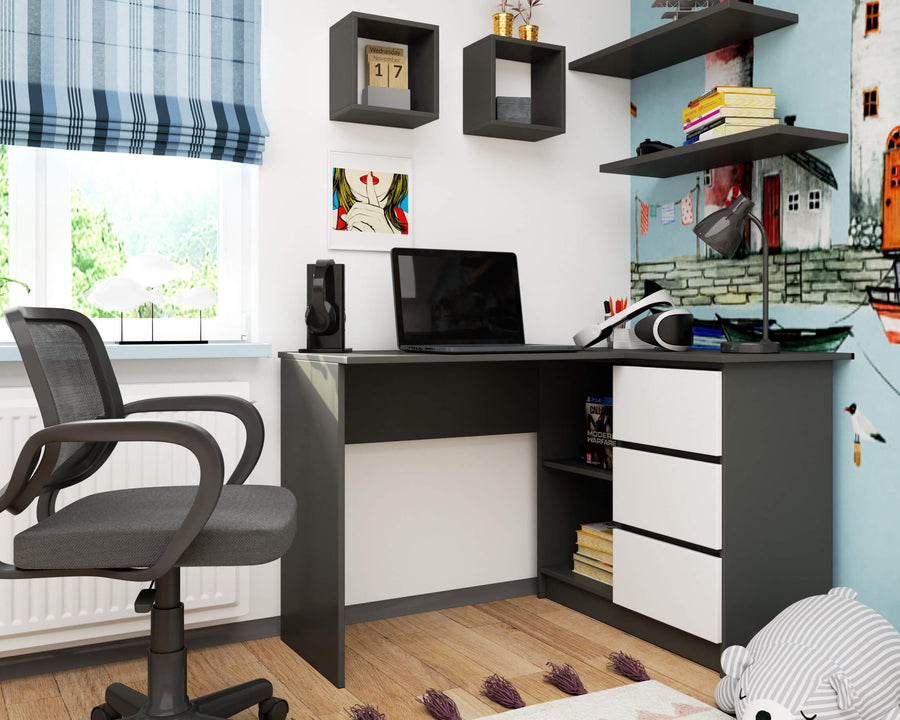 Eckschreibtisch – Funktionaler Bürotisch mit drei Schubladen