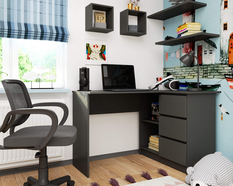 Eckschreibtisch – Funktionaler Bürotisch mit drei Schubladen