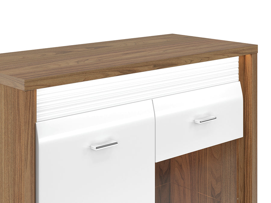 Vitrine – DALLAS 0601 – Edle Standvitrine in Natural Walnuss mit Hochglanz-Akzenten