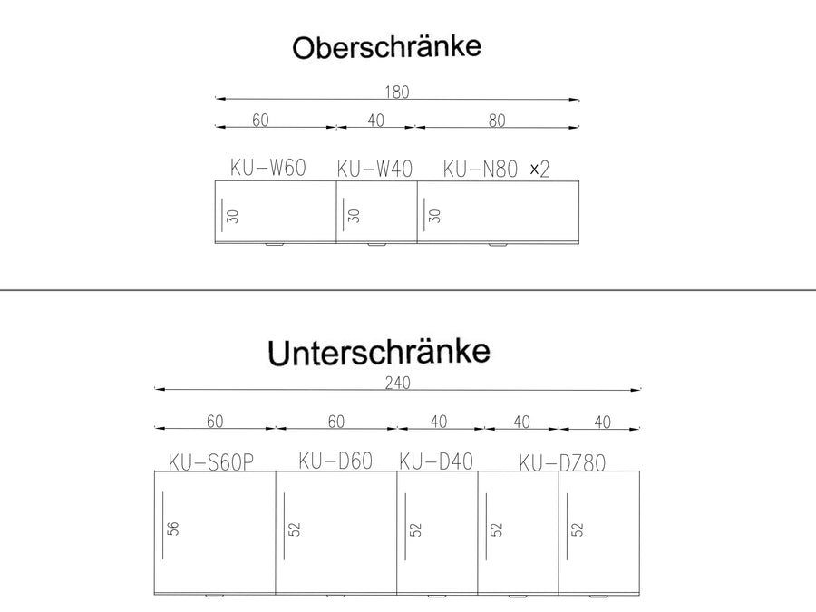 Küchenzeile – LUNARA – Küchenblock 240 cm, ohne Arbeitsplatte & Elektrogeräte
