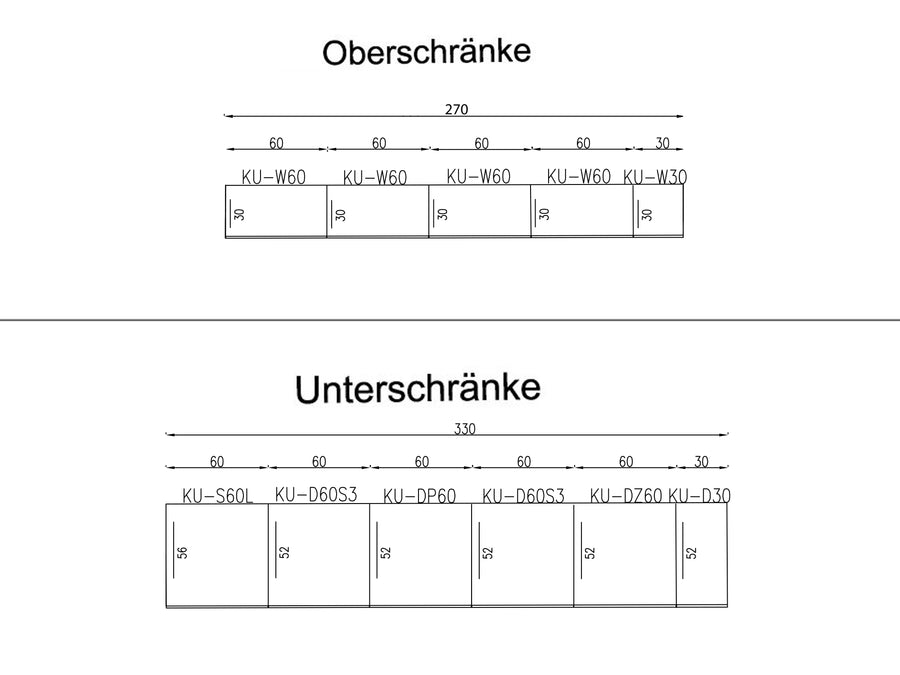 Küchenzeile – Küchenblock 330 cm – Lunara – Ohne Arbeitsplatte & Elektrogeräte