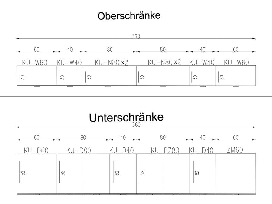 Küchenzeile – Lunara – Einbauküche 360 cm, ohne Arbeitsplatte & Elektrogeräte