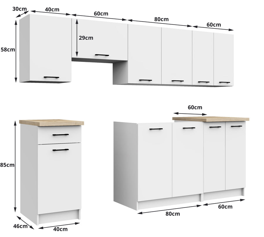 Küchenzeile – OLIWIA – 240 cm mit Arbeitsplatte, ohne Elektrogeräte