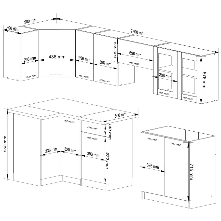 Eckküche 300 cm – OLIWIA – mit Vitrine und Arbeitsplatte Ohne Elektrogeräte
