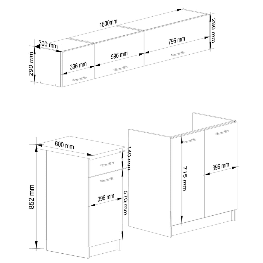 Küchenzeile 180 cm – OLIWIA – Komplettlösung für mehr Ordnung und modernes Küchendesign