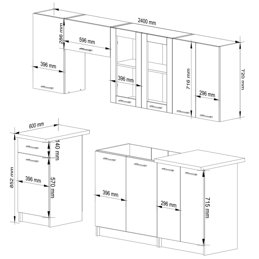 Küchenzeile 240 cm - OLIWIA - Elegante Komplettküche Mit Arbeitsplatte Ohne Elektrogeräte