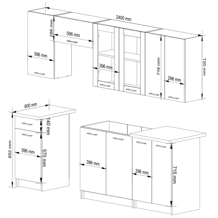 Küchenzeile 240 cm - OLIWIA - Elegante Komplettküche Mit Arbeitsplatte Ohne Elektrogeräte