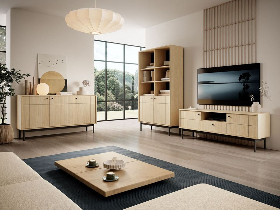 Vitrine – JAPANDI – R104 Eiche Linea, mit Glastüren und geschlossenem Stauraum