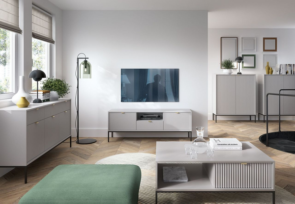 Wohnwand Set 5-teilig – TV Lowboard – Couchtisch – 2 Hochkommode – Breite Kommode / NOVA – Grau – Modernes Stauraumensemble im strukturierten Rillen-Design für stilvolle Wohnräume