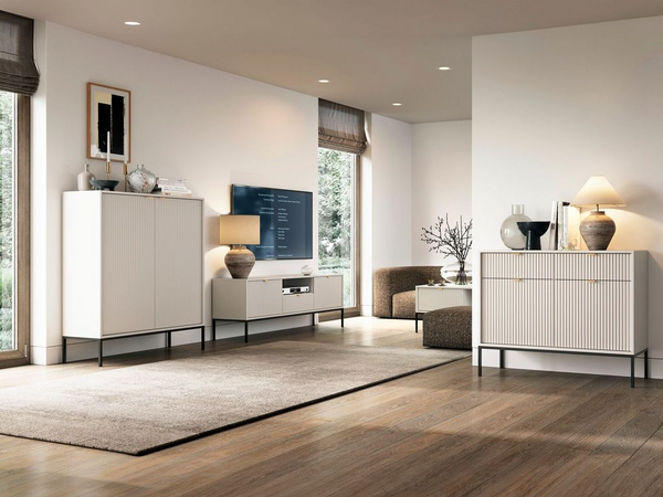 Wohnzimmer Set 4-teilig – Kommode – Couchtisch – TV Lowboard – Hochkommode / NOVA – Kaschmir – Warmes Wohnensemble mit eleganter Rillenstruktur