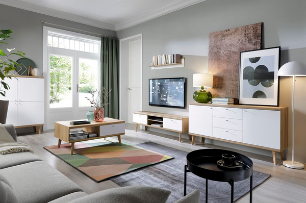 Wohnzimmer Set – PRIMO – 5-teilig – Weiß / Sonoma Eiche – Modernes Stauraumensemble