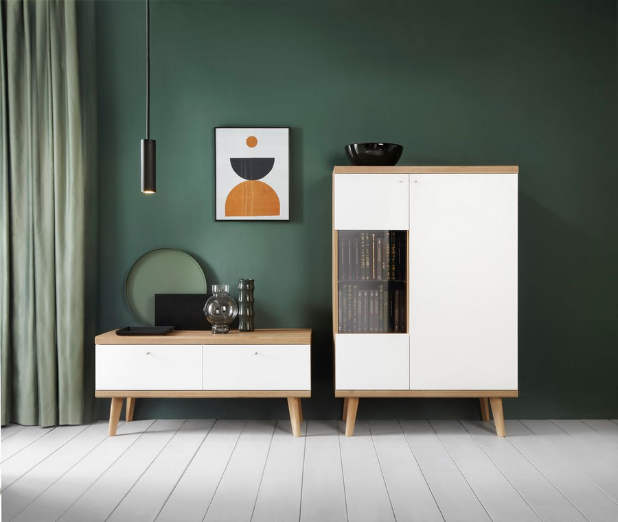 Vitrine – PRIMO – PWT90 – Weiß / Sonoma Eiche – Breite Designvitrine mit viel Stauraum