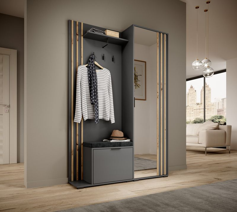 Garderobe mit Spiegeltür – NELLY – Flurgarderobe mit Sitzkissen
