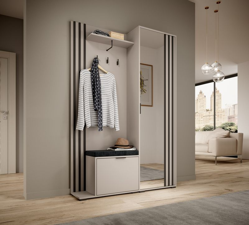 Garderobe mit Spiegeltür – NELLY – Flurgarderobe mit Sitzkissen