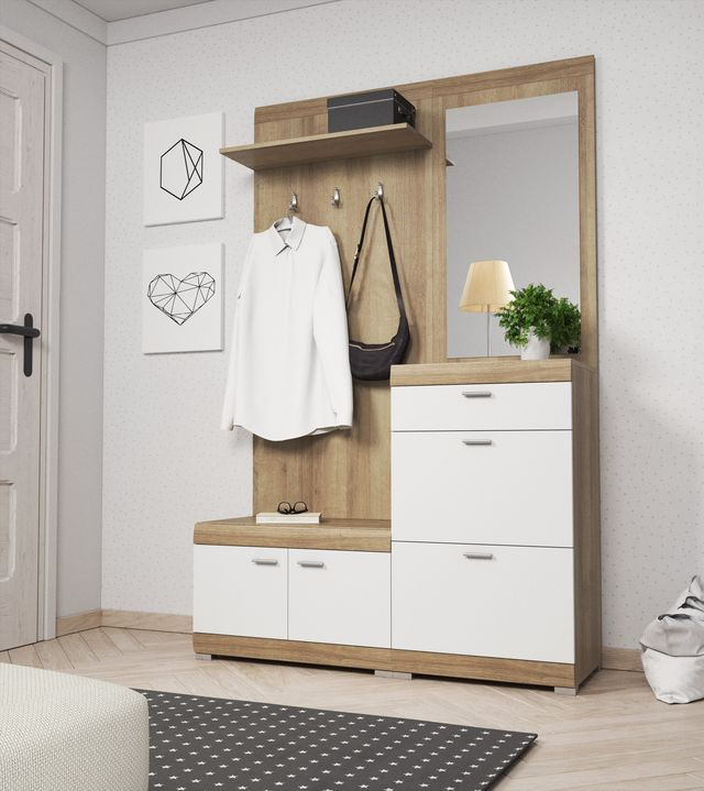 Garderobe mit Spiegel – STELLA – Flurgarderobe mit Drehtüren, Weiß / Sonoma Eiche