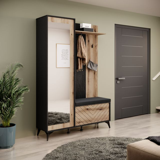 Garderobe mit Spiegel – DIAMOND – Flurgarderobe mit Stauraum, Artisan Eiche / Schwarz