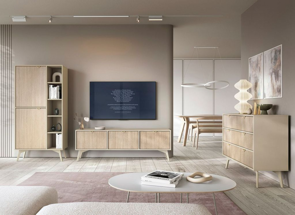 Wohnzimmer Set 3-teilig – Kommode – TV Lowboard – Hochkommode / FOREST – Sandbeige – Modernes Design für stilvolle Wohnräume