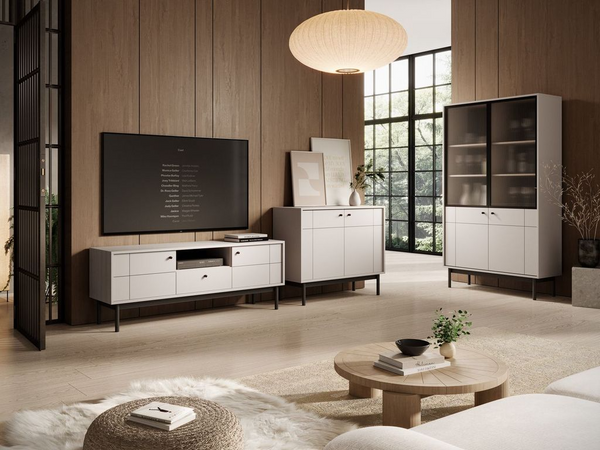 Wohnzimmer Set – Kommode – Regal mit Glasfront – TV Lowboard – JAPANDI – Kaschmir – Harmonische Raumlösung im modernen Wohnstil