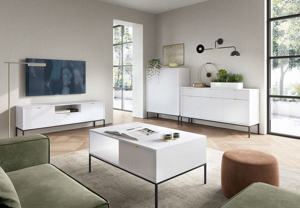 Wohnzimmer Set 4-teilig – Kommode – Couchtisch – TV Lowboard – Hochkommode / NOVA – Weiß – Modernes Wohnensemble im strukturierten Rillen-Design