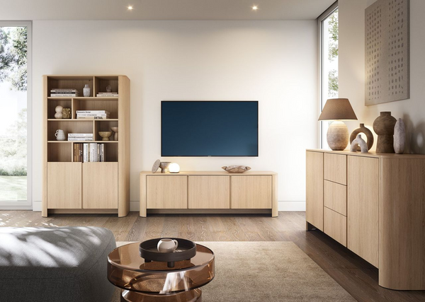 Wohnzimmer Set – Hochkommode – TV Lowboard – Kommode / BARI – Eiche Vicenza – Modernes 3-teiliges Wohnset mit viel Stauraum