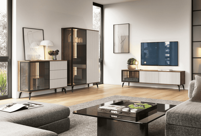 Wohnzimmer-Set – VICI – 3-teilig Kaschmir / Walnuss mit LED