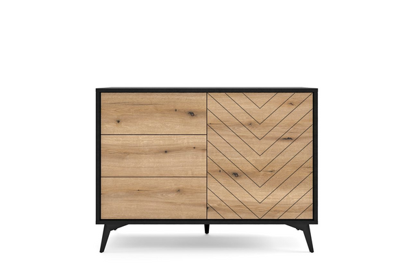 Kommode – Sideboard – KSZ104 – DIAMOND – Eiche Evoke / Schwarz – Modernes Design mit Schubladen & Tür