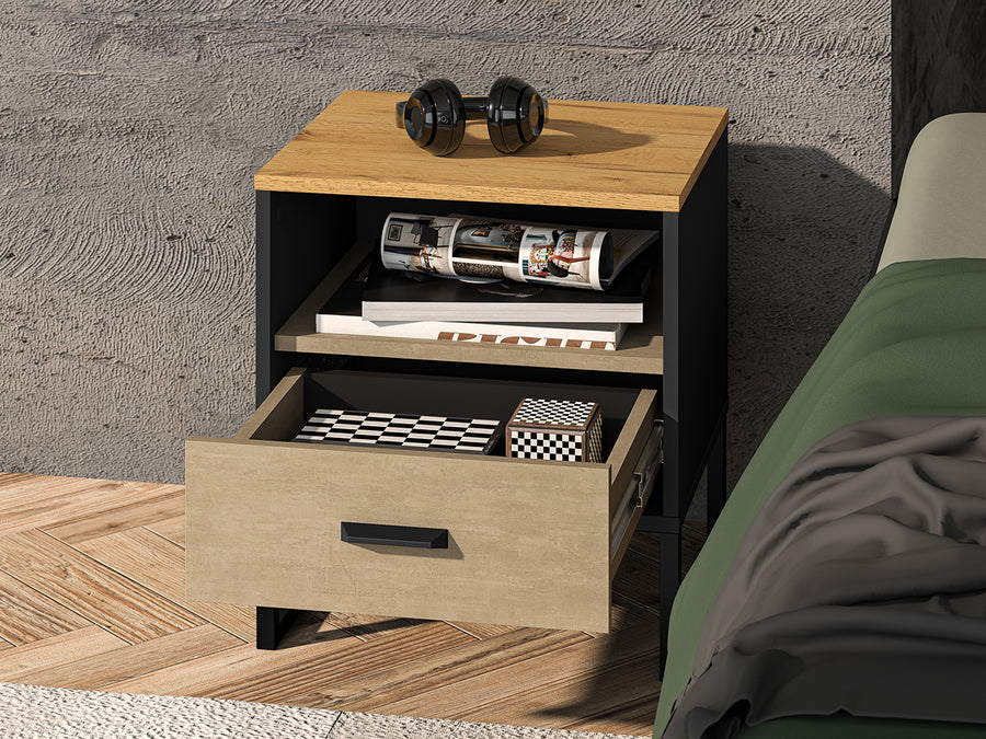 Nachttisch – COLT 08 – Moderner Beistelltisch mit Vollauszug und Holzoptik