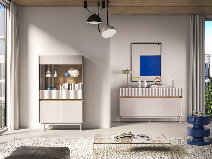 Vitrinenschrank – DUNEA – Stilvolle Standvitrinen mit Glastüren und Holzoptik