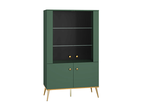 Vitrine – FOREST 02 – Breites Vitrinenschrank in Dunkelgrün mit Glasfächern