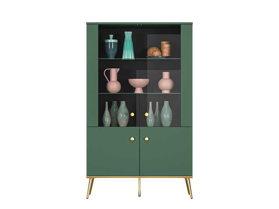 Vitrine – FOREST 02 – Breites Vitrinenschrank in Dunkelgrün mit Glasfächern