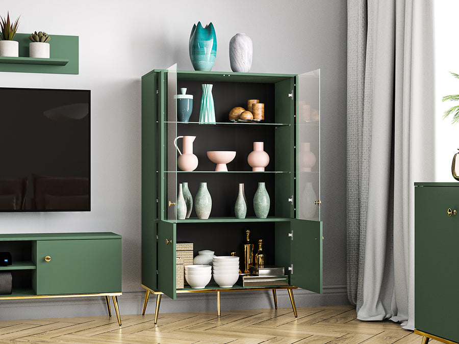 Vitrine – FOREST 02 – Breites Vitrinenschrank in Dunkelgrün mit Glasfächern