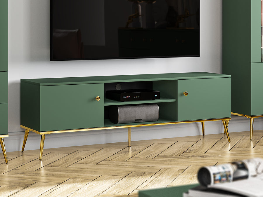 TV Board – FOREST 05 – Modernes Lowboard in Dunkelgrün mit goldenen Beinen
