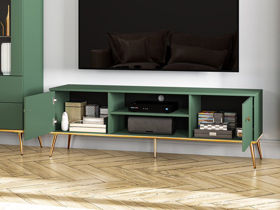 TV Board – FOREST 05 – Modernes Lowboard in Dunkelgrün mit goldenen Beinen