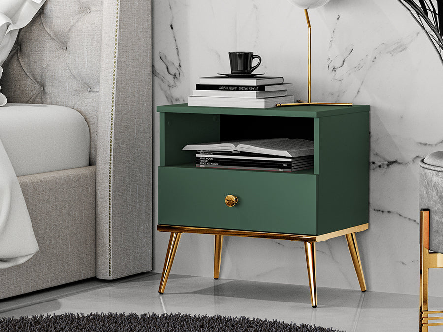 Nachttisch – FOREST – Eleganter Nachtschrank in Dunkelgrün mit goldenen Akzenten